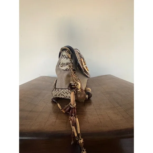 Dolce & Gabbana Y2K Brown Gold Leather & Jute Shoulder Bag Statement Charm Strap - Picture 7 of 16